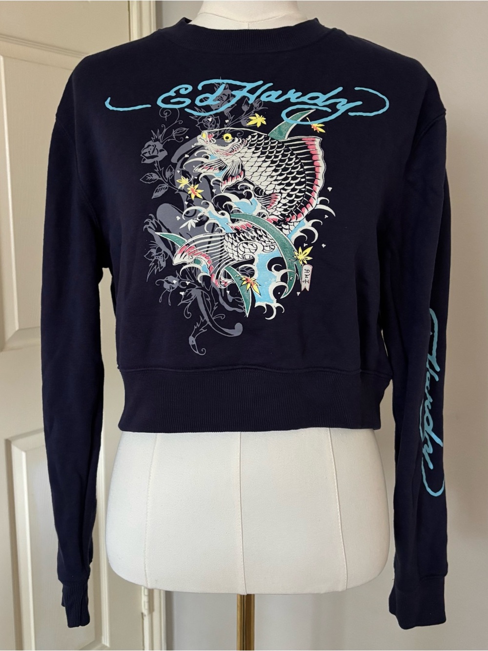 Ed Hardy Koi Fish Tattoo Graphic Cropped Sweatshirt Navy Blue Small